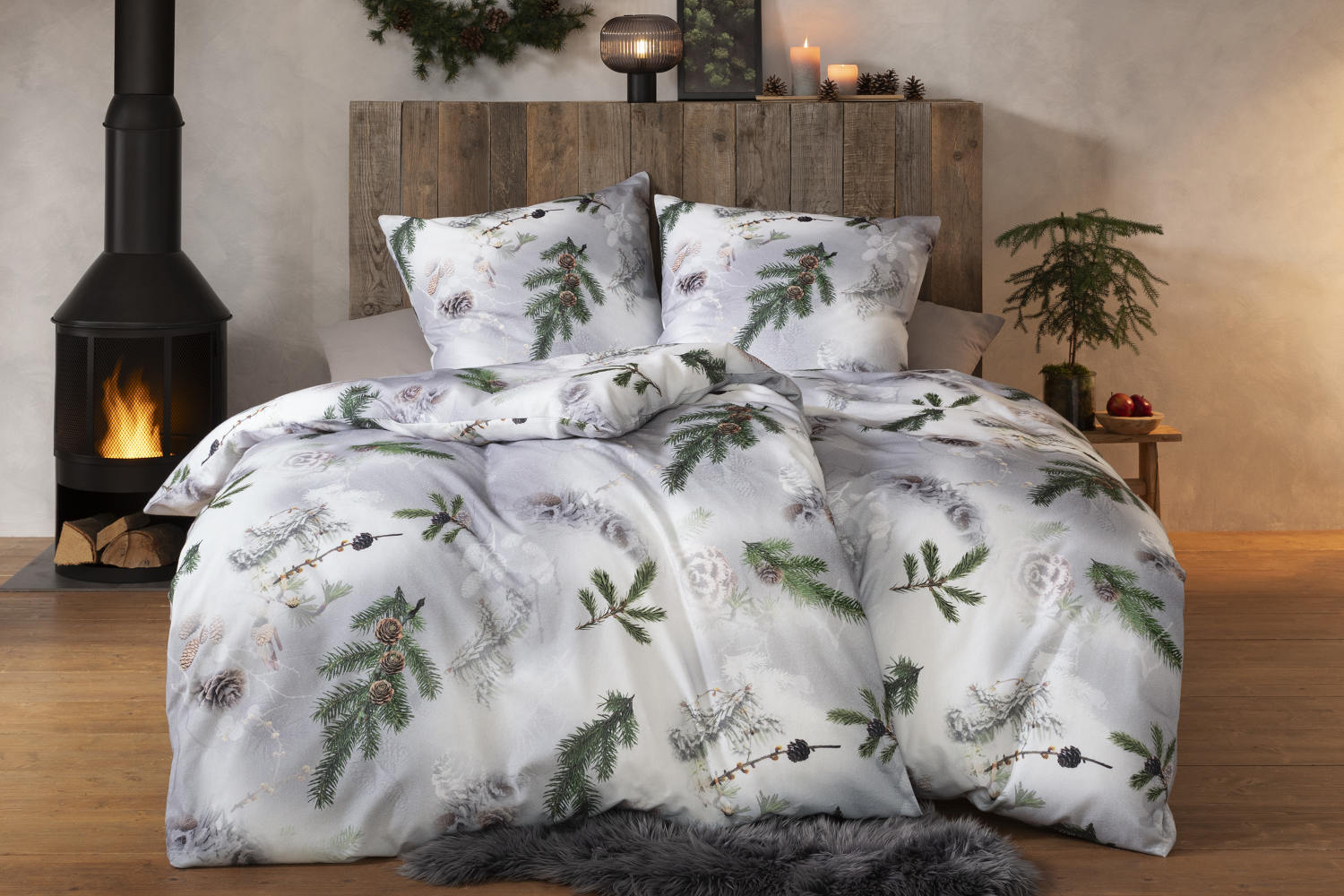 Estella Kuschelflanell Bettwäsche Pine Twings silber, aus 100% Baumwolle